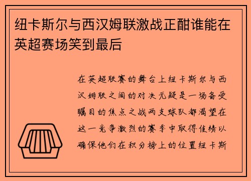 纽卡斯尔与西汉姆联激战正酣谁能在英超赛场笑到最后